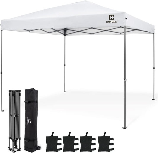 CAPHAUS Patented One-Push Pop Up Outdoor Canopy Tent, Heavy-Duty Commercial Grade w/Central Lock, Portable and Instant Folding Shelter with Wheeled Carry Bag and Weight Bag, 10ft x 10ft, White
