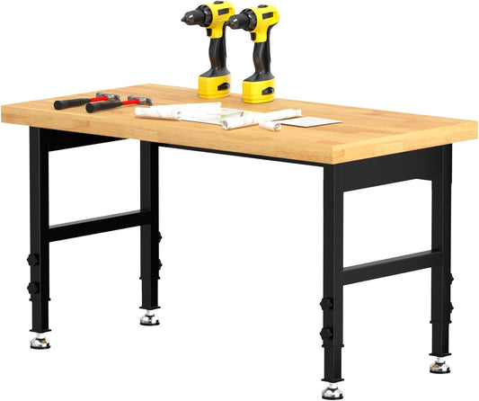 Solid Wood 48" Work Bench, Adjustable Height Workbench, Heavy-Duty Work Table, 2000 LBS Load Capacity Workstation for Garage, Workshop, Office, Home(48" X 24")