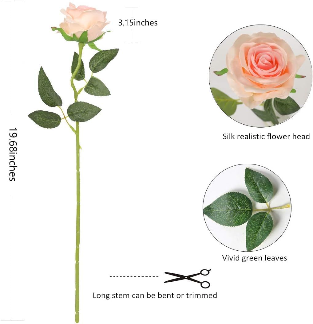 Pink Fake Roses Artificial Flowers - 10 Pcs Fake Artificial Roses Silk Flowers with Stems for Home Wedding Hotel Office Centerpiece Decor（Champagne Pink）