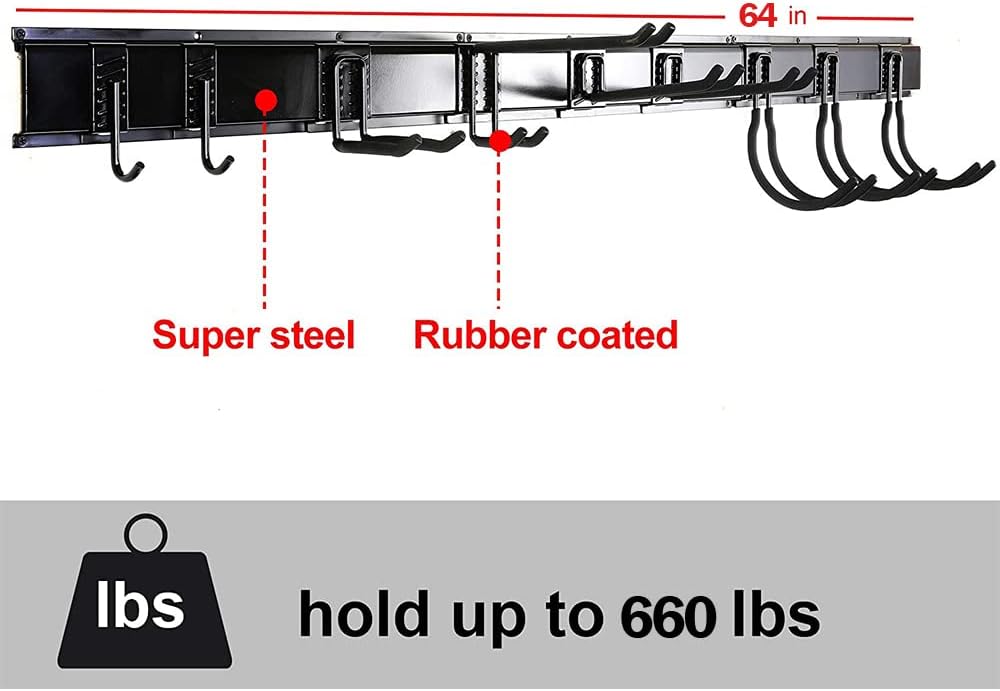 Ultrawall 13 PCS Tool Storage Rack, 64 Inches Adjustable Garage Organization Wall Mounted Storage System with 9 Hooks, Heavy Duty Steel Garden Tool Organizer Wall Holders