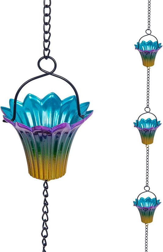 10FT Rain Chains for Outside, Rain Gutter Chain with 12 Lily Cups, Adjustable Rain Water Chain with Bell for Eaves Drainage, Replacement for Downspout