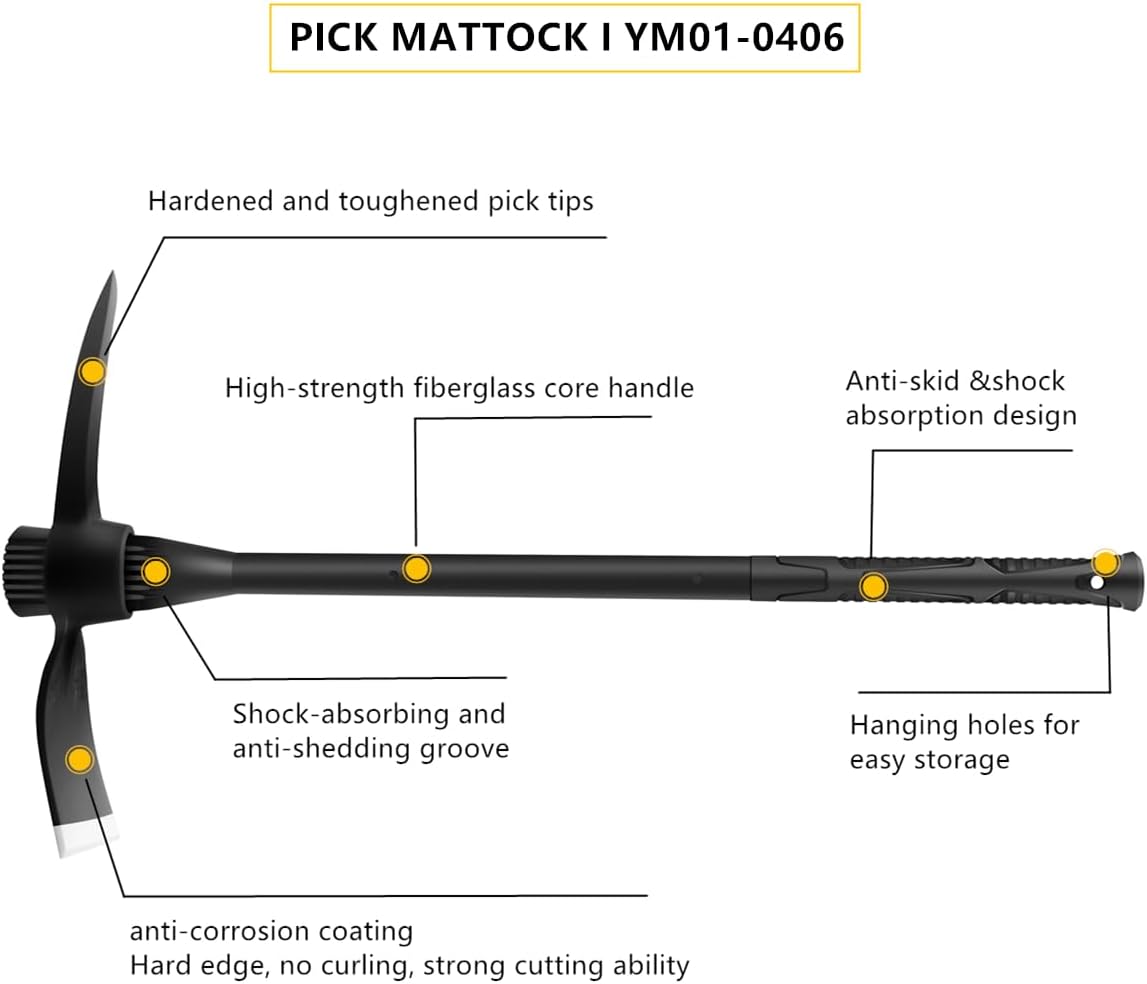 glorousamc Forged Adze Pick, Weeding Mattock Hoe Pick Mattock with Fiberglass Handle, Garden Pick, Great for Loosening Soil, Archaeological Projects (5LB-with 36" Fiberglass Handle)