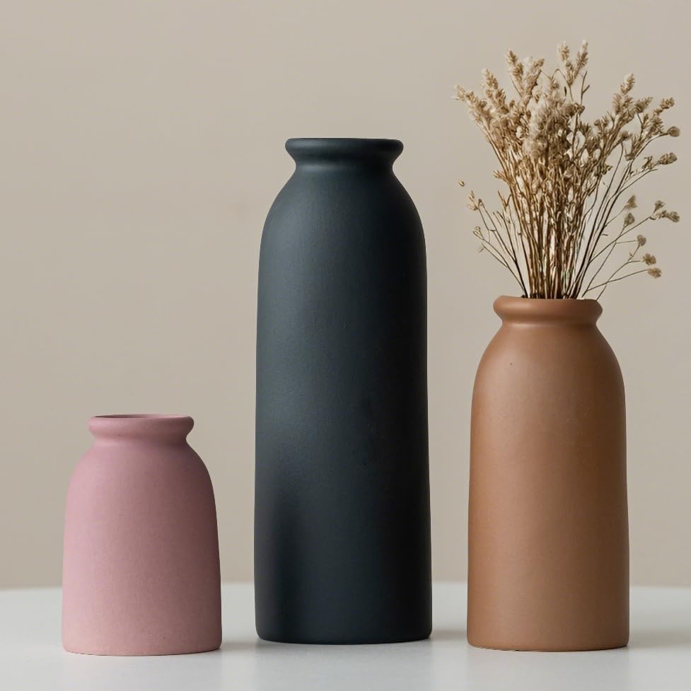 Ceramic Vase Set-3, Small Flower Vases for Decor, Modern Boho Farmhouse Style, Decorative Vases for Pampas Grass & Dried Flowers, Distressed Finish (Light Coffee)