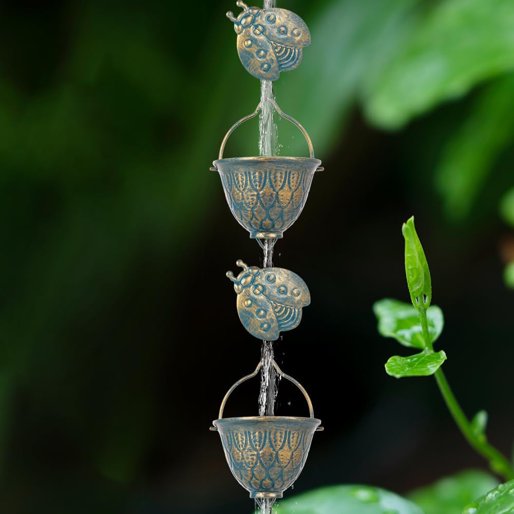 9.2 FT Rain Chain, Metal Rain Gutter Chains with 12 Cups & Detachable Ladybugs Decor, Adjustable Rain Catcher Chain with Bell for Outddor Decor, Replacement for Downspout