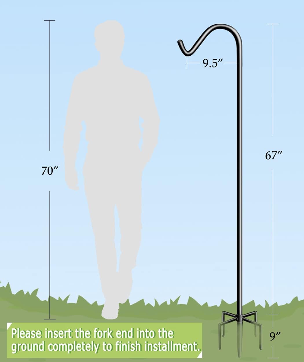 Garbuildman 76 Inch Tall Shepherd Hooks with 5-Forked Base, Adjustable Heavy Duty Bird Feeder Pole Stand Hanger for Outdoor, Shiny Black, 2 Pack