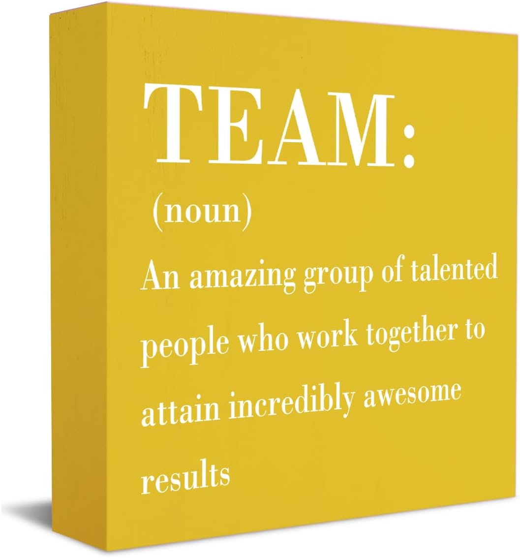 HTBIG Inspirational Team Noun Office Decor Desk Decor Wooden Box Sign, Rustic Black Wood Plaque Box Sign for Home Office Desk Shelf Table Decoration Coworker Gift Team Sign, Yellow