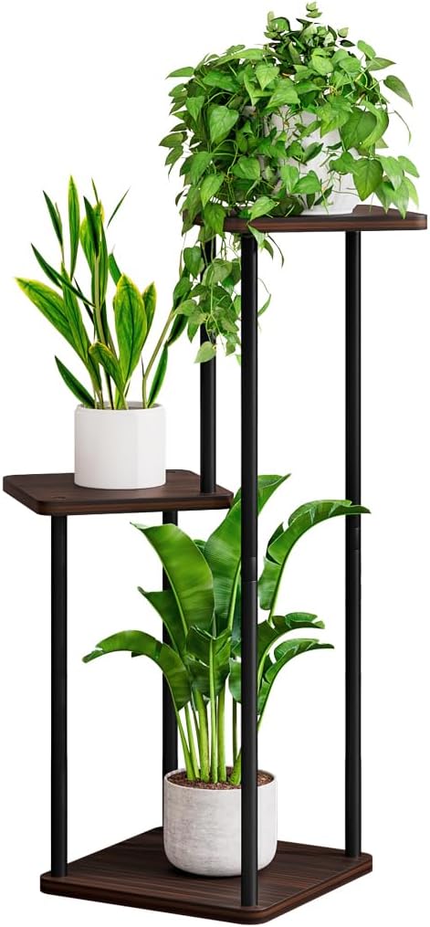 AZERPIAN 3 Tier Plant Stand Indoor Metal Plant Shelf for Multiple Plants Corner Flower Holders for Living Room Balcony Bedroom Patio Garden, Black (Black Oak, 3 tier)