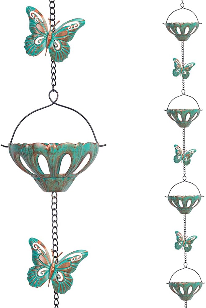 12FT Rain Chains for Outside, Metal Rain Chain with Butterfly Decor, Adjustable Rain Catcher Chain with Bell for Eaves Drainage, Replacement for Downspout (12 Cups)
