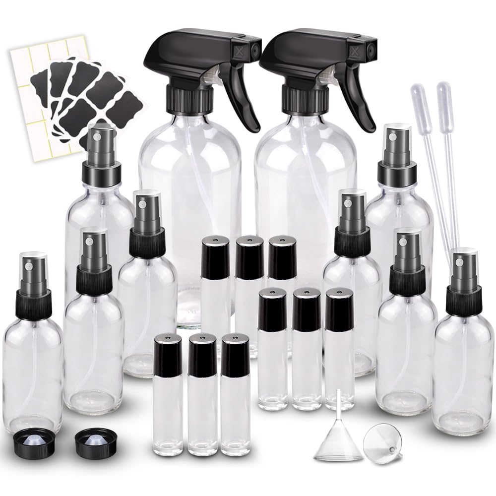 Glass Spray Bottle Kit×10 (2×16 oz, 2×4 oz, 6×2 oz), 9×10 ml Roller Bottles, Anti UV, Multi Size and Versatile, Suitable for Aromatherapy, Facial Moisturizing, Watering, etc.(Clear)