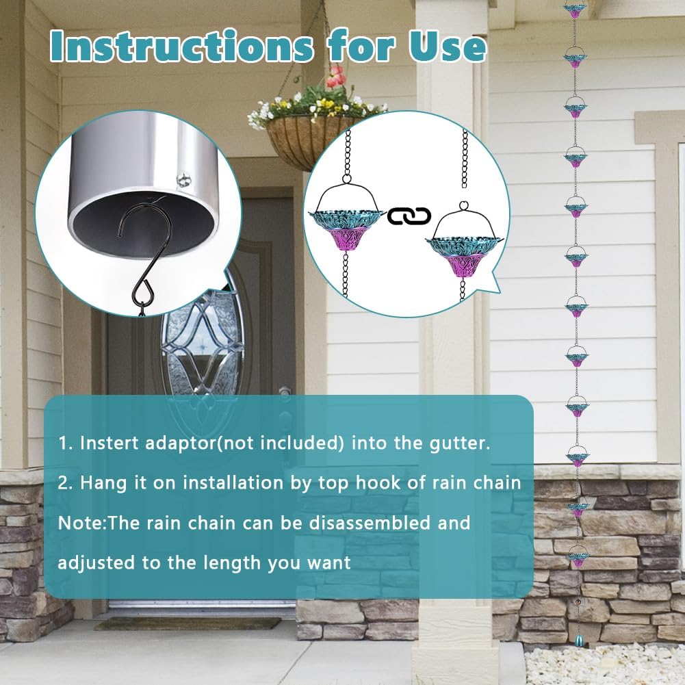 10FT Rain Chains for Outside, Rain Gutter Chain with 12 Flower Cups, Adjustable Rainwater Catcher Chain for Eaves Drainage, Replacement for Downspout