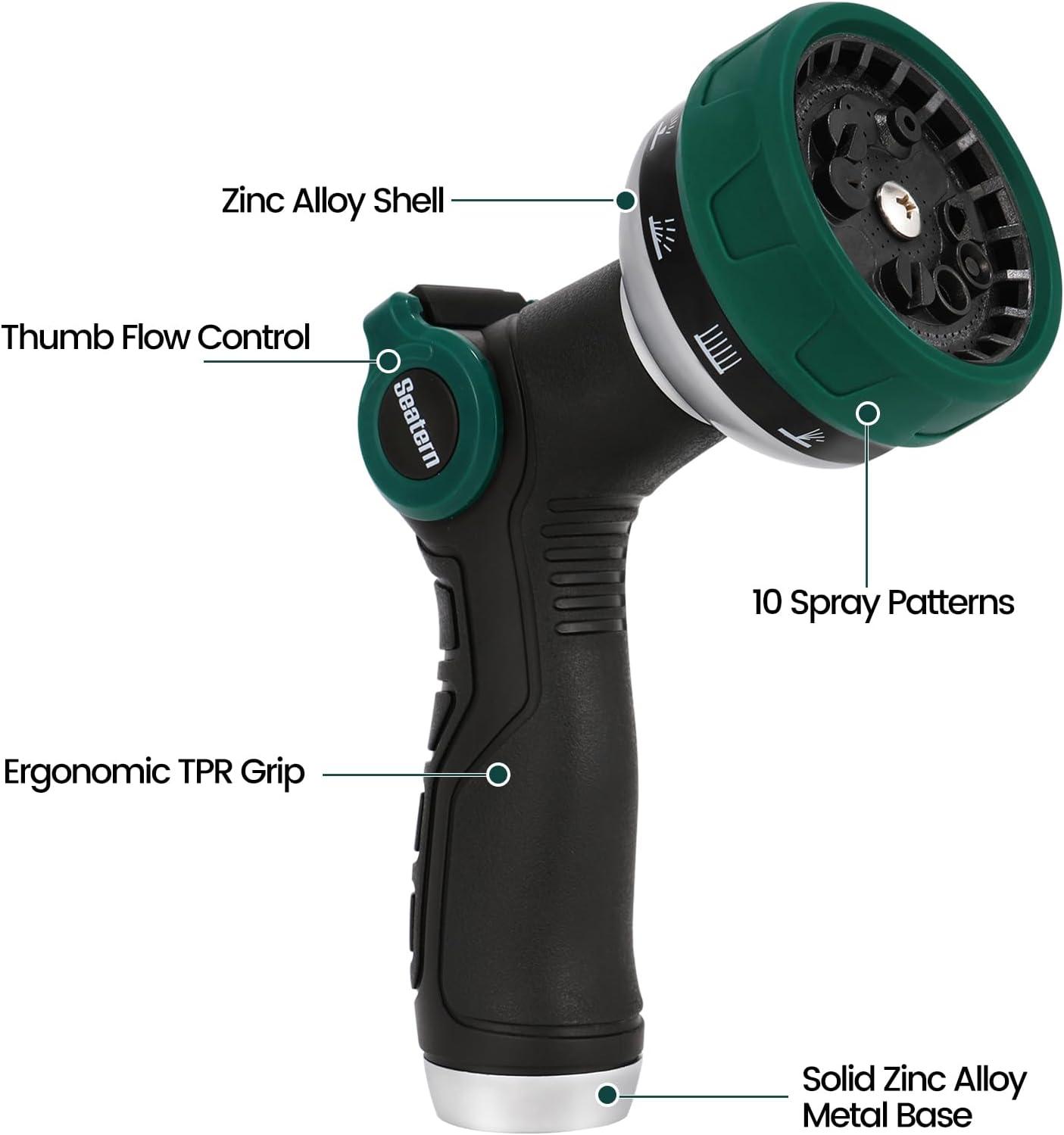 Heavy Duty Garden Hose Nozzle, Water Hose Sprayer Nozzle with Thumb Flow Control, 10 Spray Patterns, High Pressure Hose Nozzle for Lawn & Plant Watering, Car & Pet Washing – Forest Green