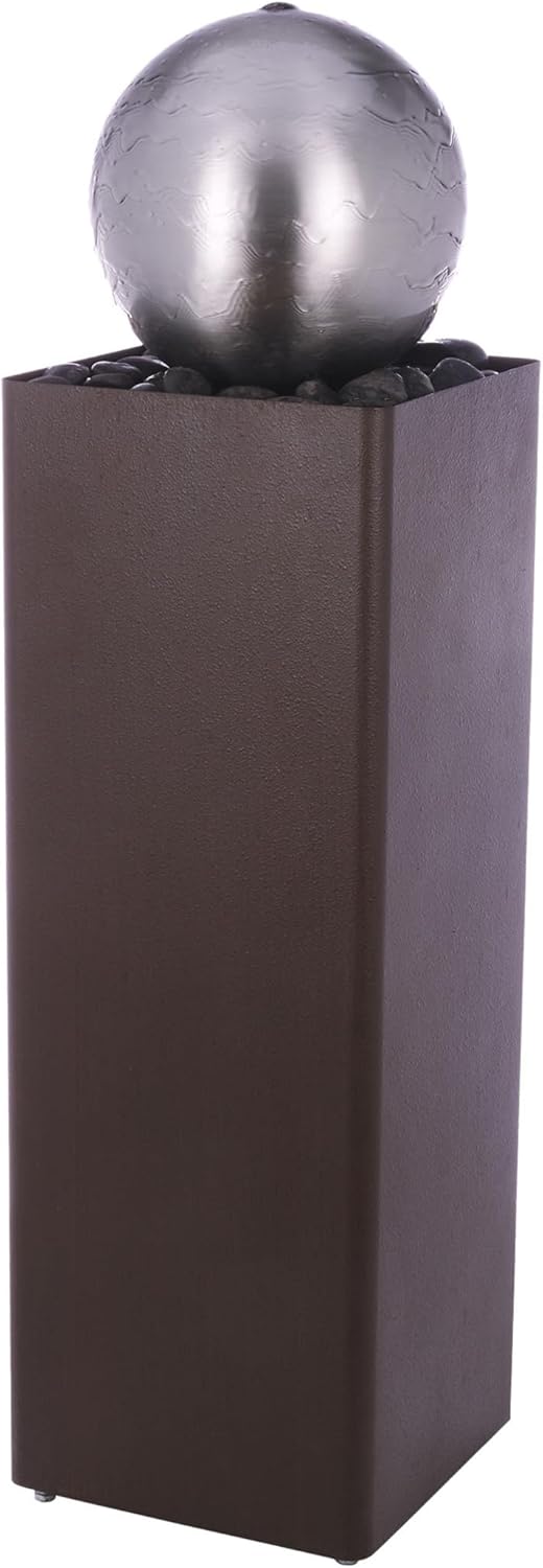 Alpine Corporation CPS188 Indoor Outdoor Modern Metal Orb Water Floor Fountain with River Rock Stone for Patio, Garden and Living Room, 37" H, Brown