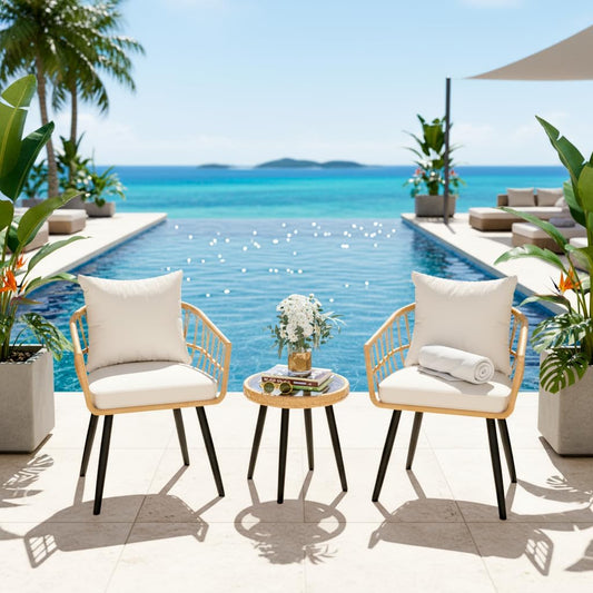 3 Pieces Patio Bistro Set, Outdoor Wicker Table and Chairs Set of 2, Rattan Balcony Furniture Set with Cushions for Front Porch Apartment Backyard Deck