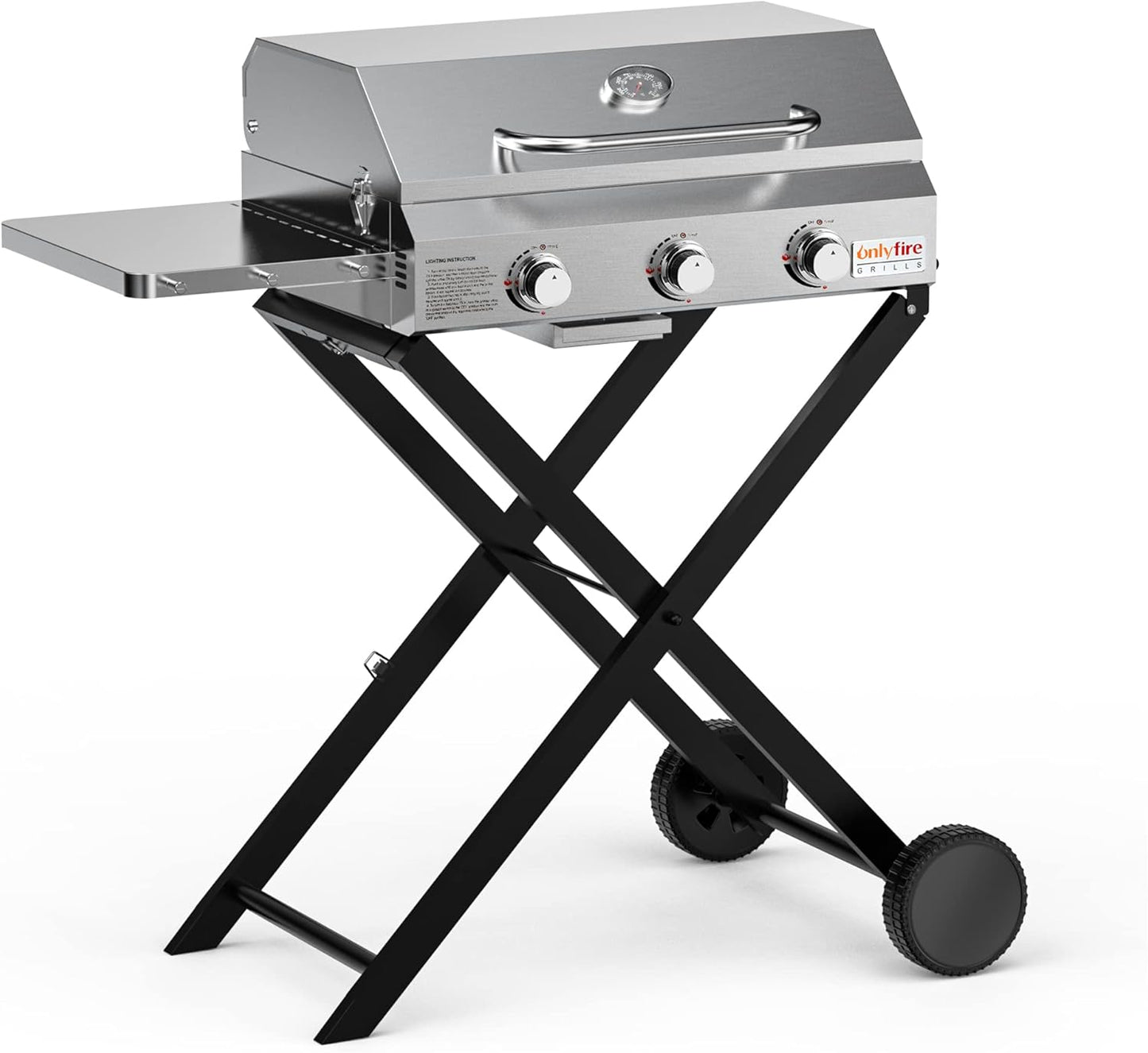 BBQ Gas Grill 3-Burner with Foldable Cart & Side Table, Portable Propane Grill with Lid for Outdoor Patio Backyard Barbecue Camping Tailgating RV Trip, Stainless Steel, GS308