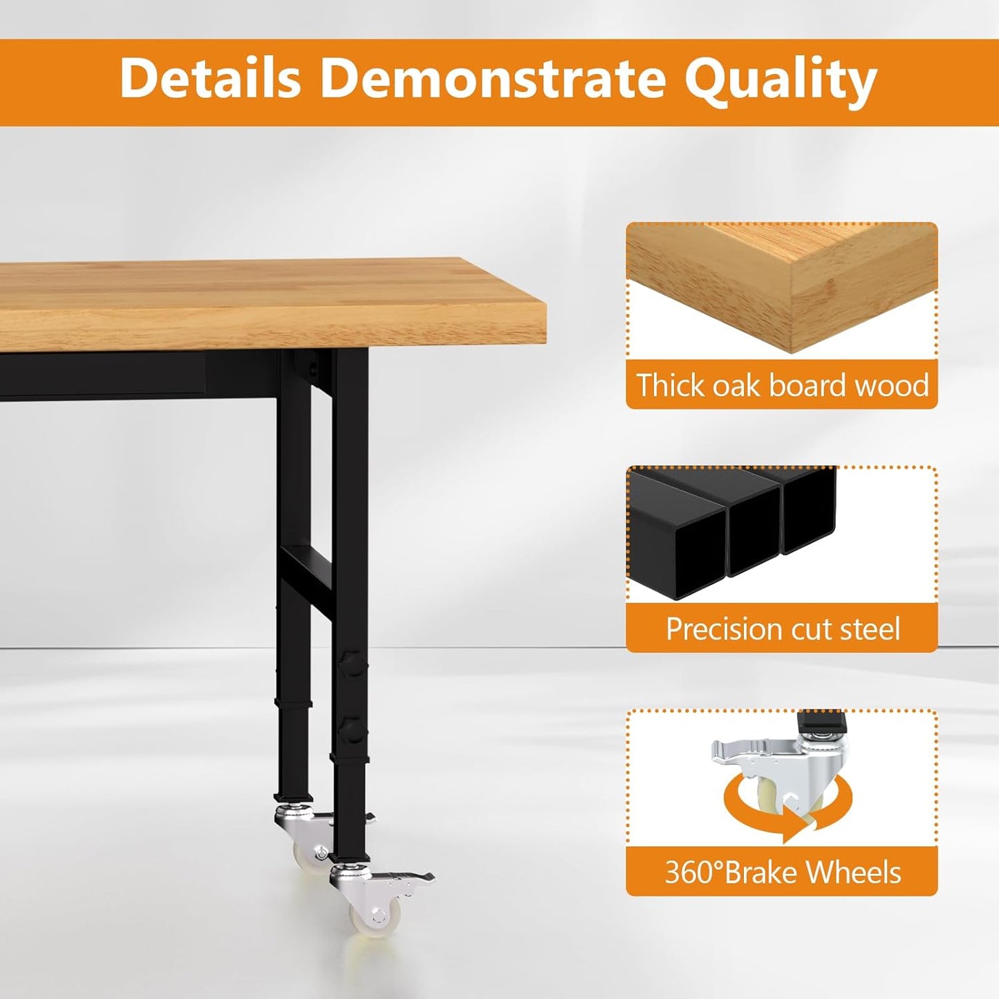 Solid Wood 60" Work Bench with Wheels, Heavy-Duty Workbench with Drawers, Adjustable Height Work Table with Power Outlets, 2000 LBS Capacity Workstation for Garage, Workshop(60" X 24")