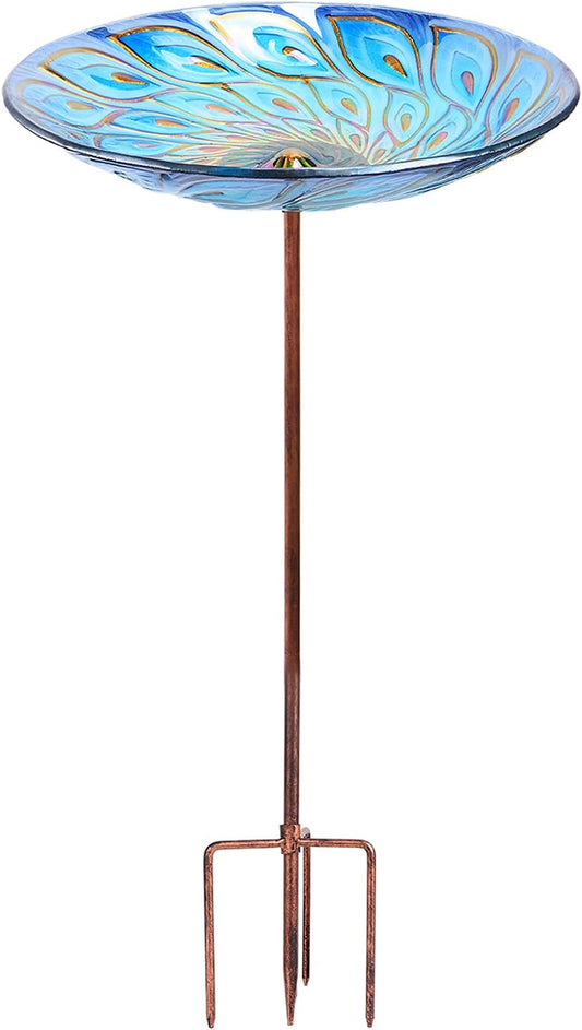 MUMTOP Glass Bird Bath, Garden Outdoor Birdbaths Birdfeeder with Metal Stake Peacock