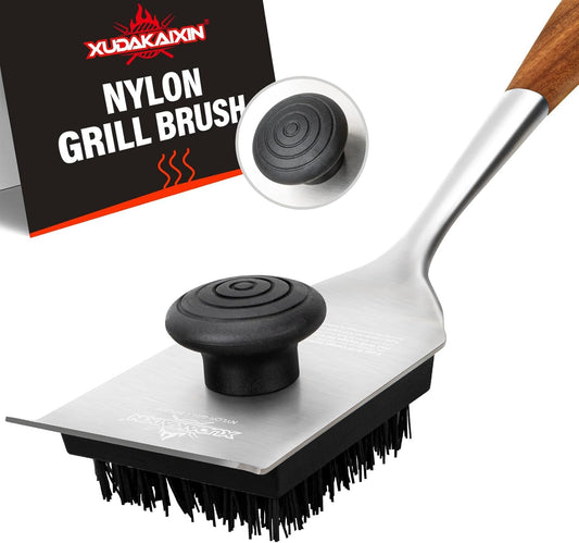 Grill Brush and Scraper, Dual Grip Design,Extra Strong BBQ Cleaner Accessories,Safe Nylon Bristles Barbecue Triple Scrubbers Cleaning Brush for Cast Iron Grates/Porcelain/Charcoal Grill