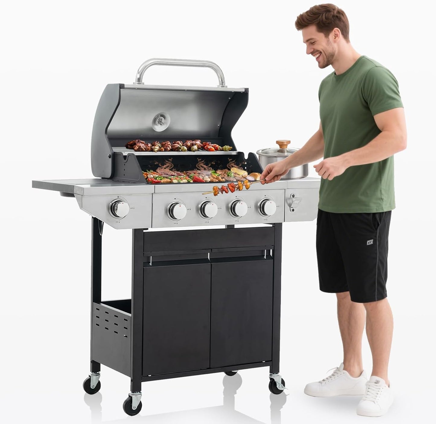 4-Burner Propane Gas BBQ Grill with Side Burner, Porcelain-Enameled Cast Iron Grates and Side Tables, 46,500 BTU Stainless Steel Grill for Outdoor Camping Barbecue Grilling Backyard Cooking