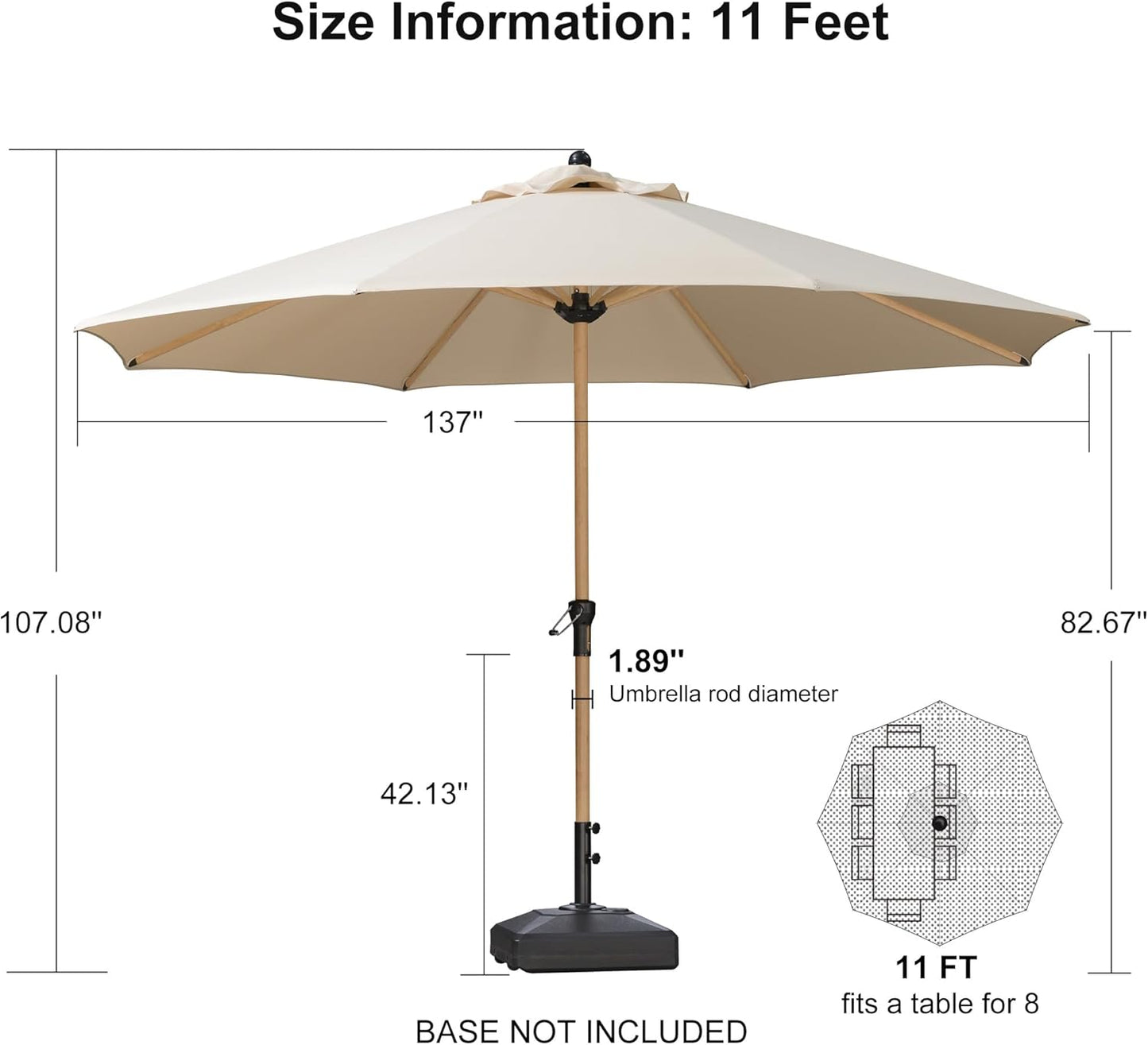 PURPLE LEAF 11 Feet Patio Umbrella Outdoor Table Umbrella Round Aluminum Market Umbrella with 8 Sturdy Ribs & Crank Commercial Outdoor Umbrellas for Garden Deck Patio, Beige