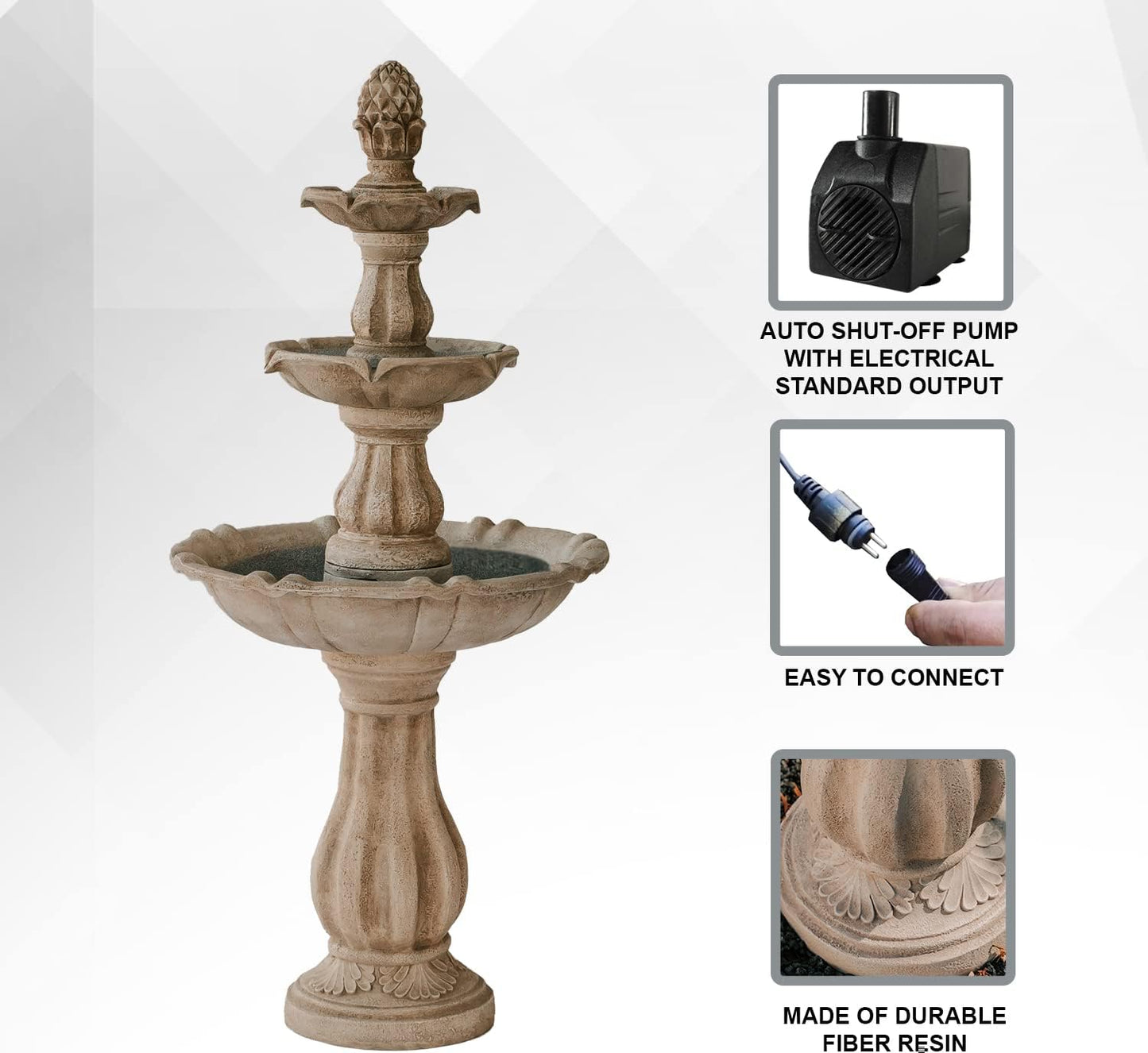 XBrand 3-Tier Freestanding Waterfall Fountain w/Pump & Pineapple Top, 51 Inch Tall, Beige, Large Outdoor Garden Fountain, Ideal for Garden, Porch, and Lawn