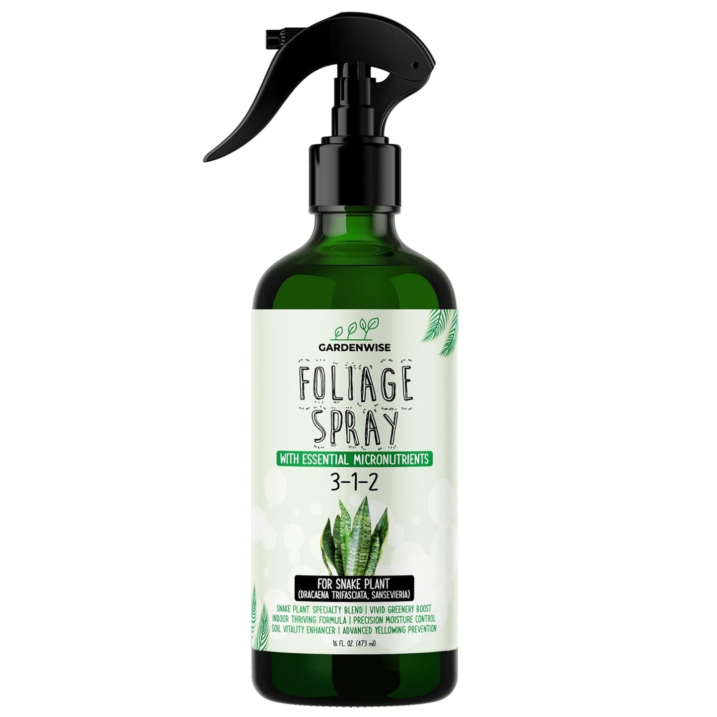 Professional Foliar Plant Spray with Essential Micronutrients 3-1-2 for Snake Plants, Dracaena trifasciata, Sansevieria - Liquid Fertilizer - Plant Food - Plant Shine - Plant Care (8 OZ)