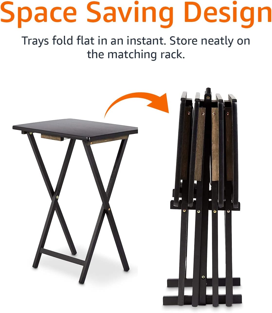 Amazon Basics Portable TV Dinner 4-Pack Rectangular Folding Tray Table with Storage Rack, Black, 15" x 19" x 26"