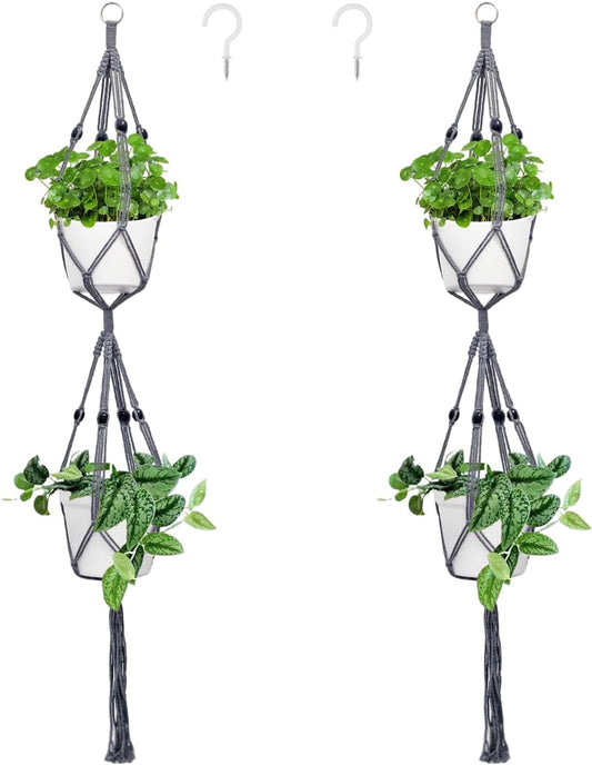 Belit 2 Pack Double Macrame Plant Hangers 2 Tier Hanging Planter Basket Decorative Flower Pot Holder Rope for Indoor Outdoor Home Decor 51 Inch, Grey
