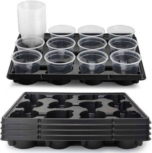 12 Cell Nursery Pot Trays 5 Pack with 4 Inch Clear Plant Pots 60 Pack, Thick Sturdy Seeds Starting Germination Shuttle Carrying Trays, Black Small Planter Nursery Propagation 5 Sets