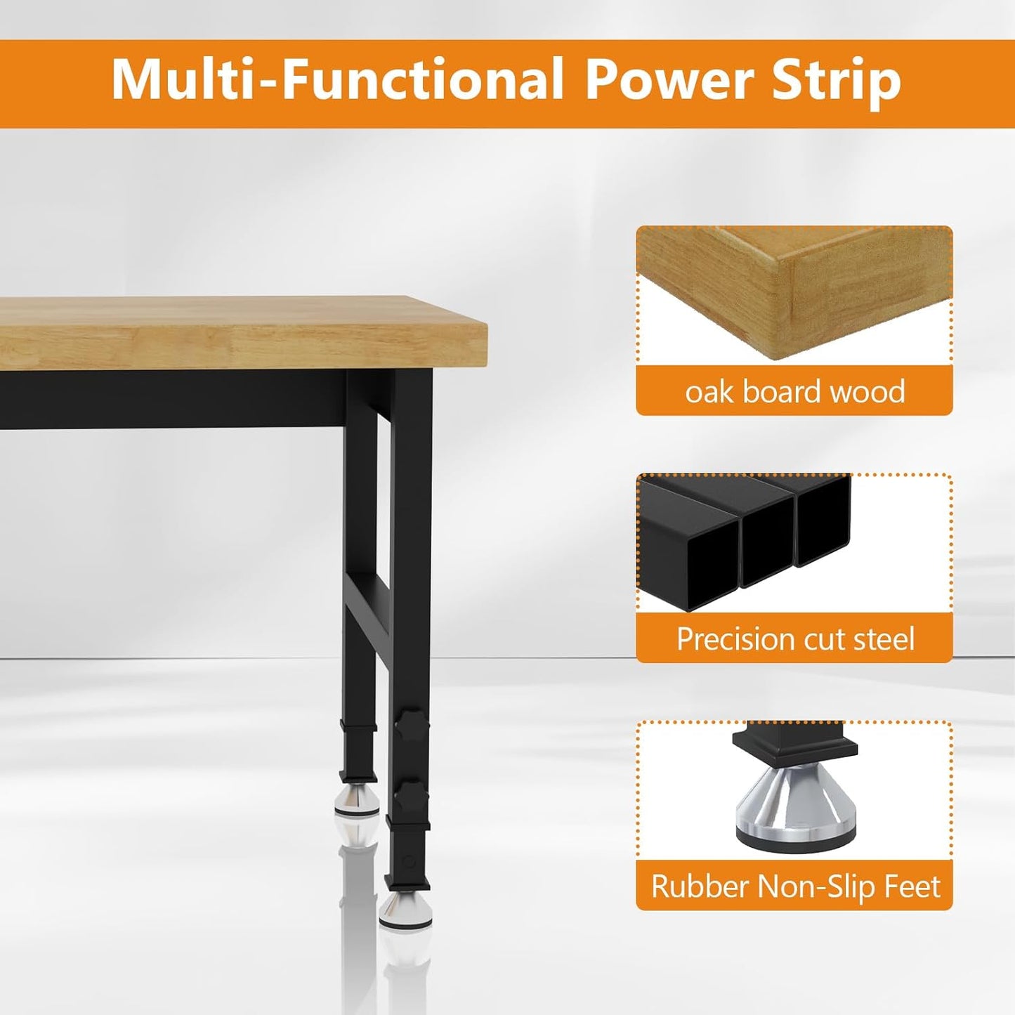 48" Work Bench, Adjustable Height Workbench with Rubber Pad, Heavy-Duty Solid Wood Work Table with Power Outlets, 2000 LBS Capacity Workstation for Garage, Workshop, Office, Home