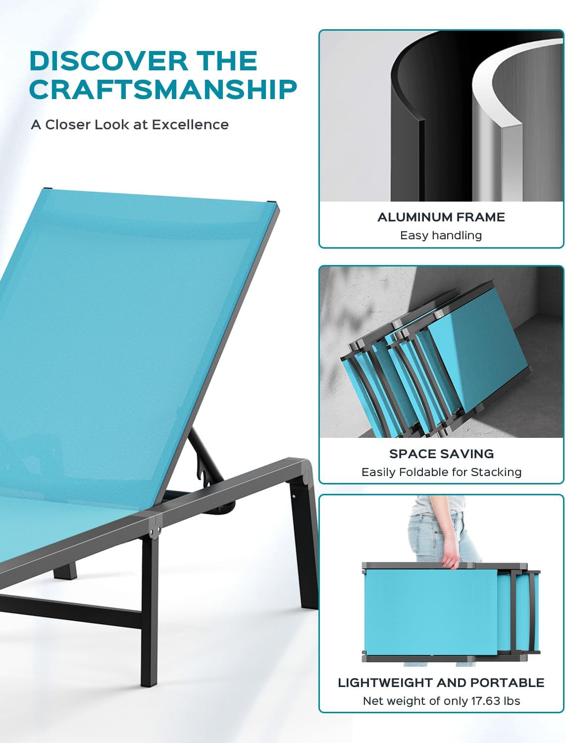 Patio Chaise Lounge Chair Set of 2, Foldable Lounge Chairs for Outside, Aluminum Chairs with 5 Adjustable Backrest, Outdoor Pool Lounger for Lawn, Poolside, Deck, Lake Blue