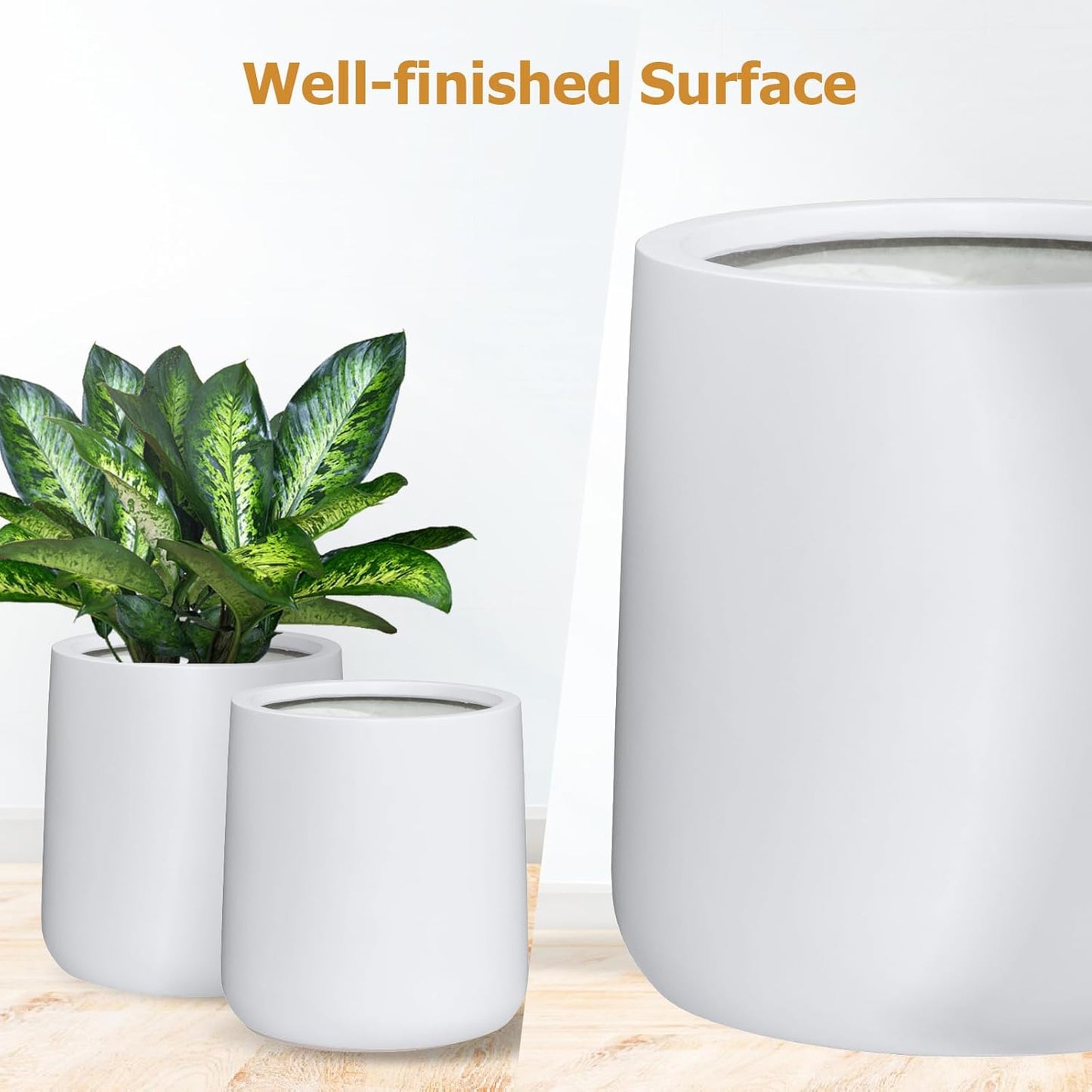 15.3" H x 15" D Conico Fiberstone Round Planter with Drainage Hole, Smooth Finishes, Weather Resistant for Indoor and Outdoor Use, Included 2 Extra Coco Mats (White, 11.7" Pot Opening)