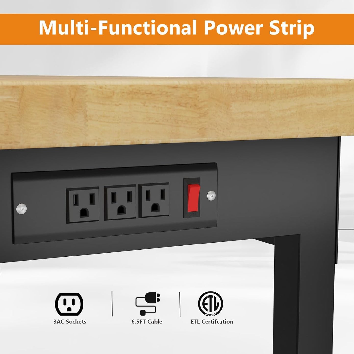 48" Work Bench, Adjustable Height Workbench with Rubber Pad, Heavy-Duty Work Table with Power Outlets, 2000 LBS Capacity Workstation for Garage, Workshop, Office, Home