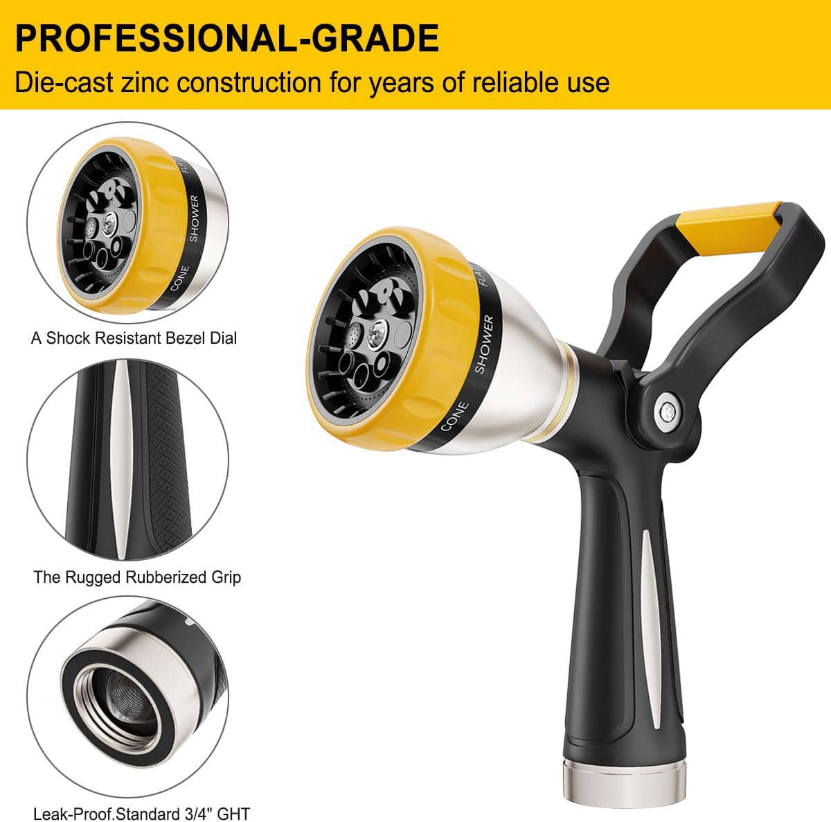 FANHAO Heavy Duty Fireman's Hose Nozzle, Metal Water Nozzle with 8 Spray Patterns, High Pressure Garden Hose Sprayer with Lever Control and Non-Slip Grip to Water Plants & Lawns, Wash Cars & Clean