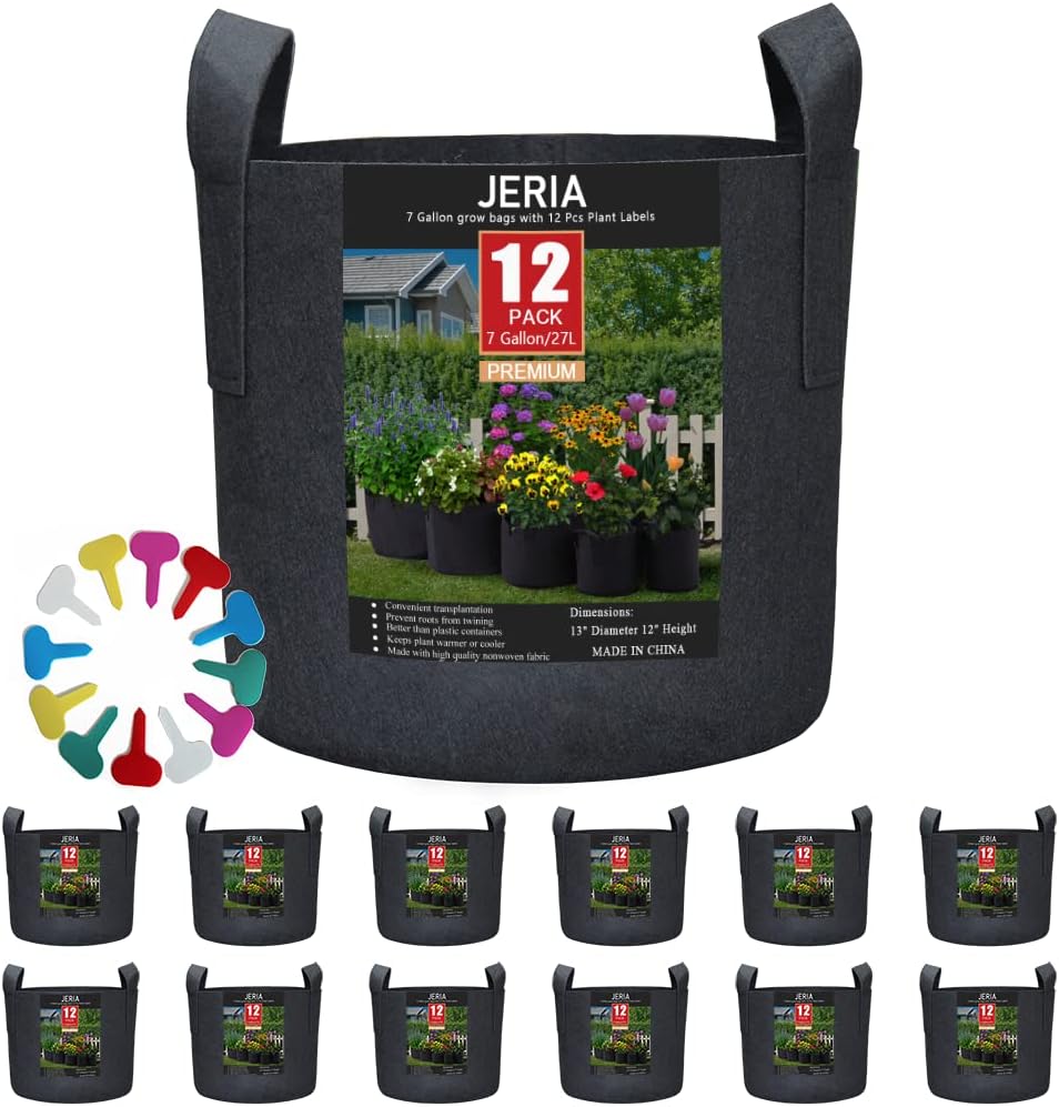 JERIA 12-Pack 7 Gallon, Vegetable/Flower/Plant Grow Bags, Aeration Fabric Pots with Handles (Black), Come with 12 Pcs Plant Labels