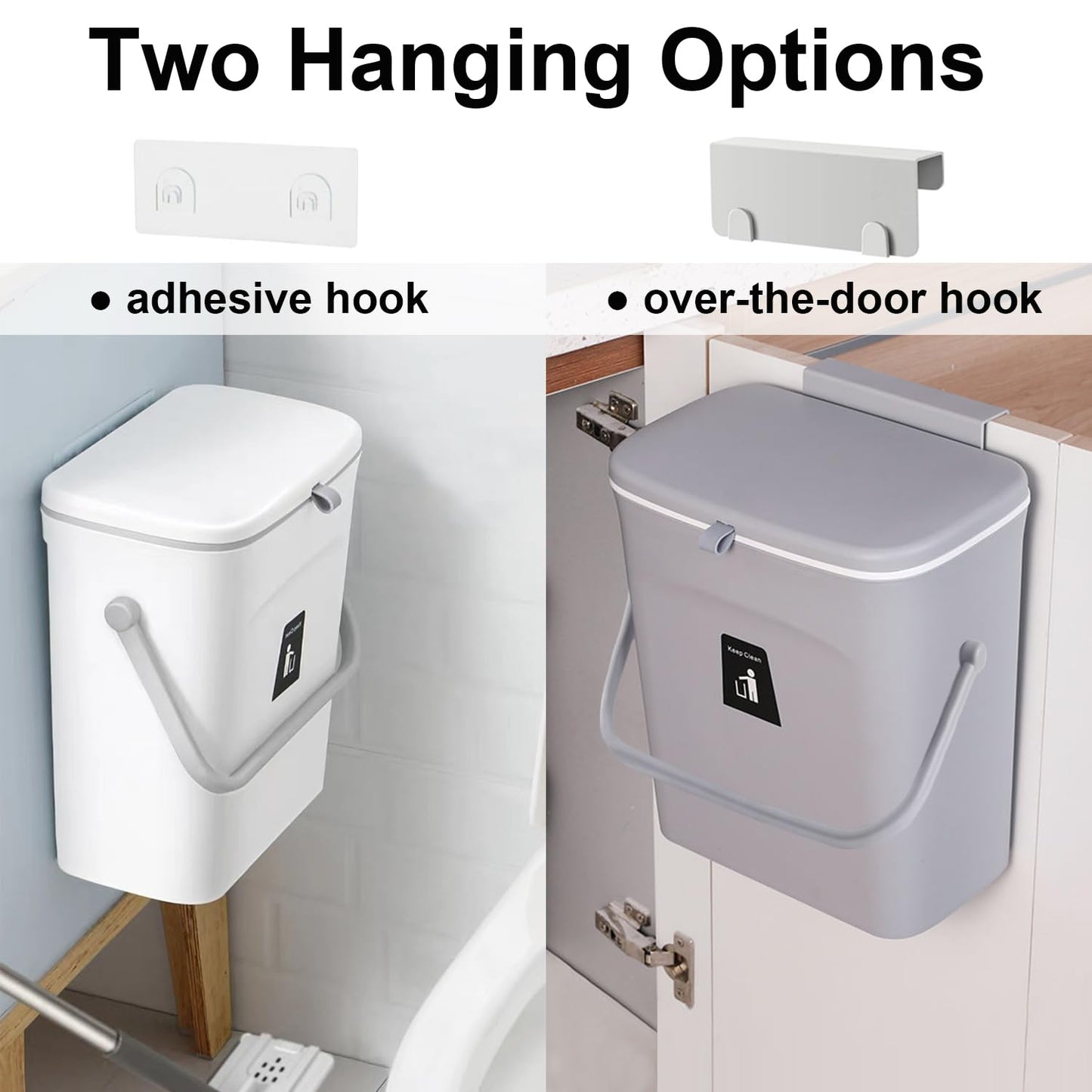 LALASTAR Kitchen Compost Bin for Countertop or Under Sink, Hanging Small Trash Can with Lid for RV/Office/Bedroom/Dorm, Mountable Indoor Compost Bucket, 9L/2.4 Gal, Grey