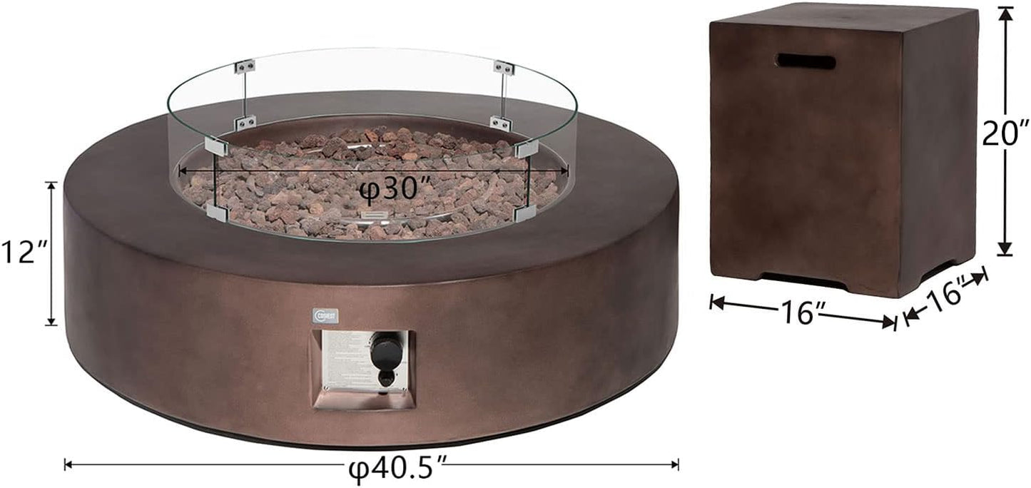 COSIEST 2-Piece Outdoor Propane Firepit Table Set w Tank Table, 42 inch Dark Fire Table CSA Certified, 50,000 BTU w Bronze Round Base,Wind Guard and 16 inches Tank Side Table 20lb for Garden,Pool