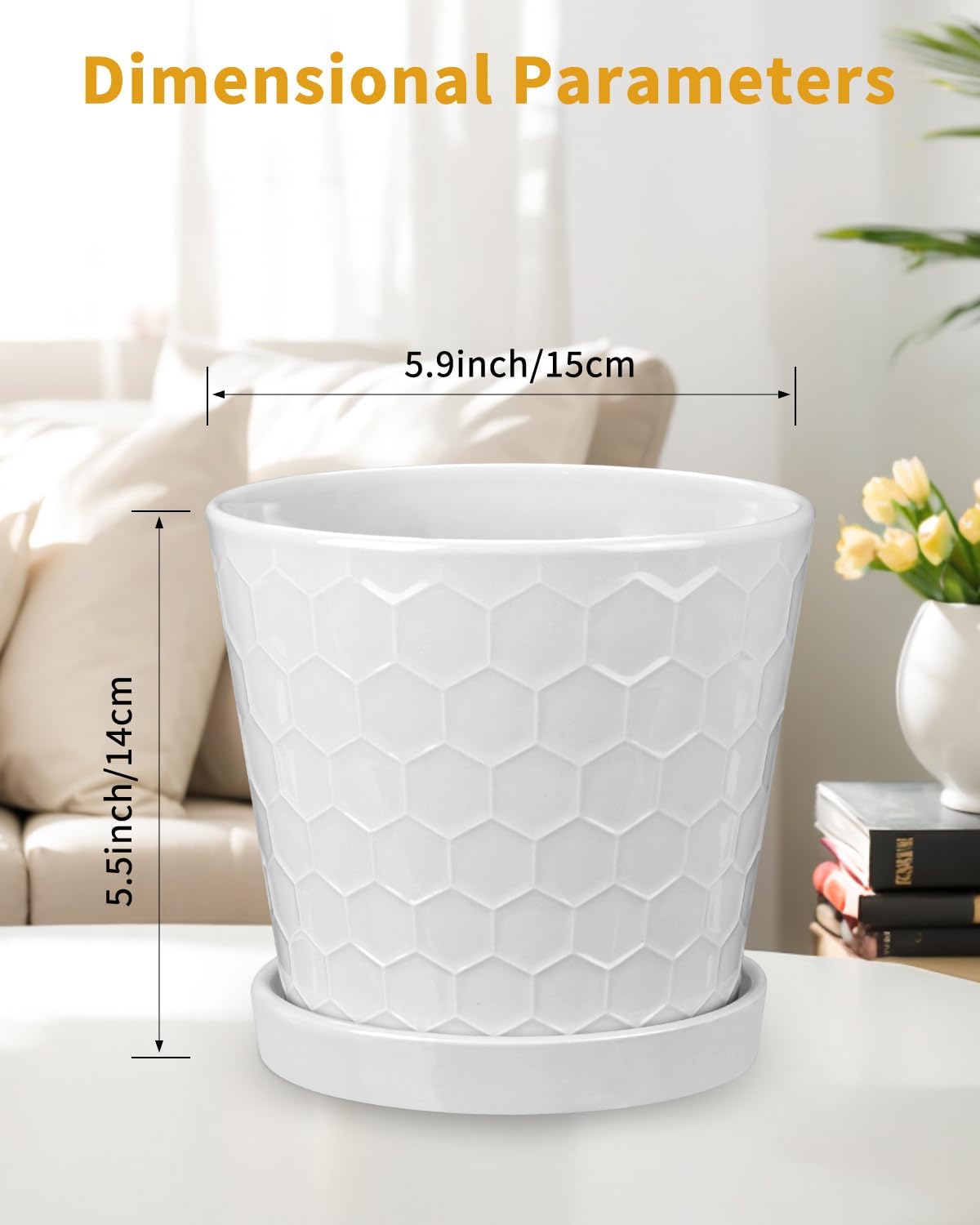 EFISPSS Ceramic Plant Pots, 6 Inch Pots for Indoor Plants, Planters with Drainage Hole and Saucer, Flower Pots Desktop Office Windowsill Decoration Gift Set of 2 - White
