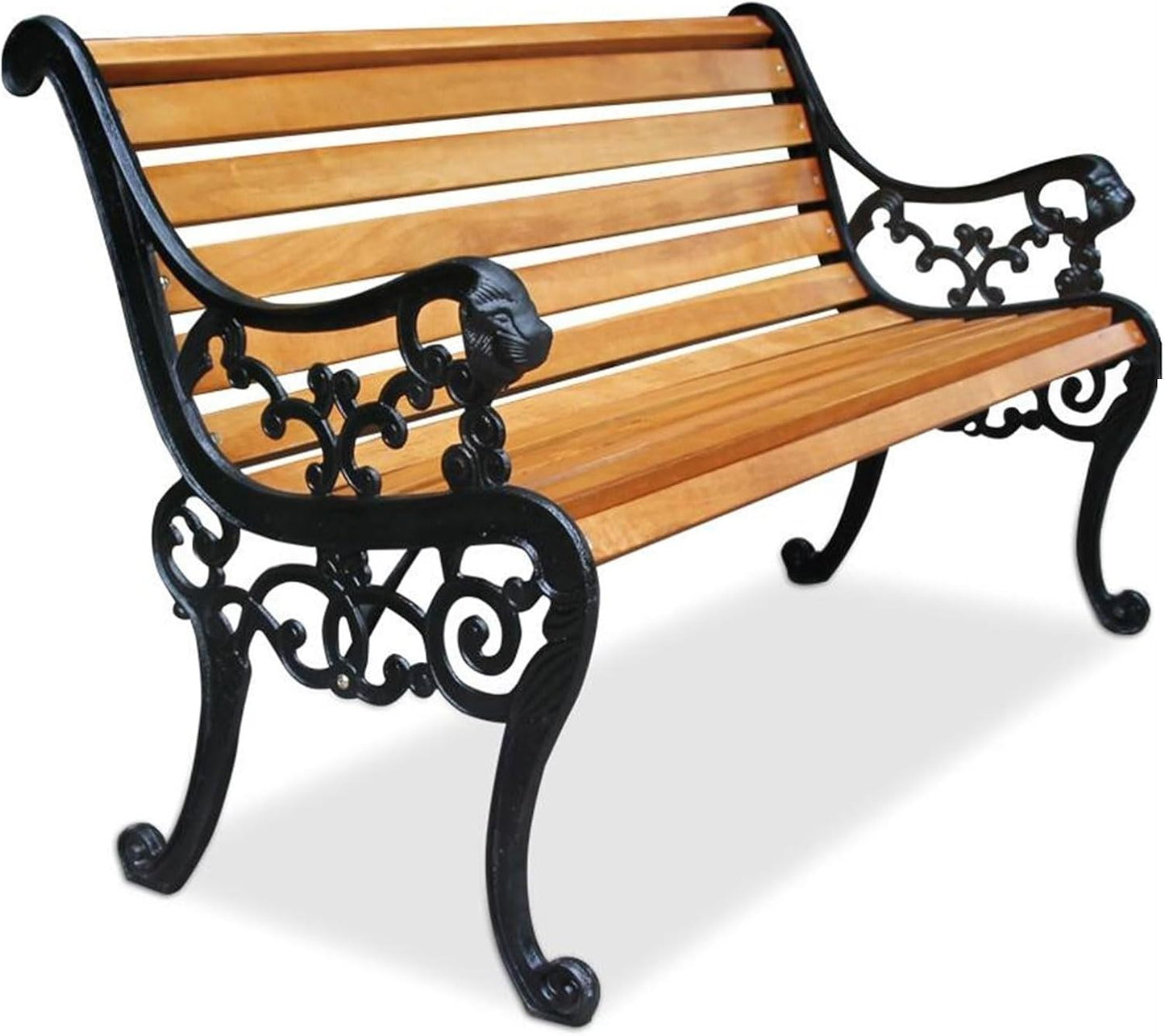 Outdoor Solid Wood Garden Park Bench for 2-3 People, Weatherproof Patio Lawn Bench Porch Seat with Cast Iron Frame, Porch/Deck/Patio Furniture Bench with Backrest and Armrests(Teak+Black Chair Legs,12