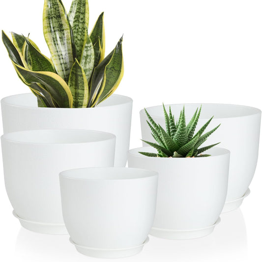 Plant Pots 10/9/8/7.5/7 inch Flower Pots with Multi Mesh Drainage Holes, Planters for Indoor Outdoor Garden Plants and Flowers. (White)