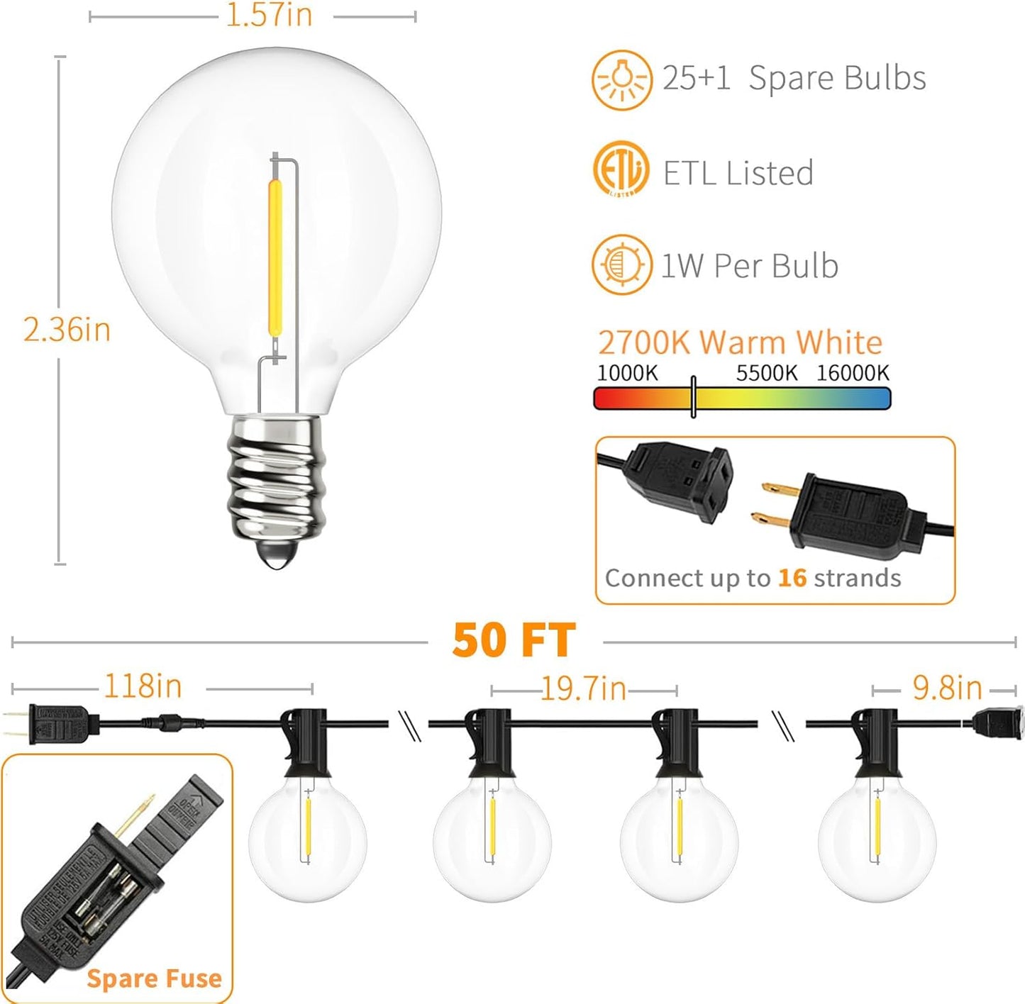 Svater Outdoor String Lights 50 FT, Patio LED Lights Outside with 26pcs Bulbs, Waterproof Shatterproof Hanging Globe Light Connectable for Bistro Cafe Backyard Balcony Warm White
