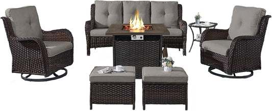 Outdoor Patio Furniture Set with Propane Fire Pit Table, 7 Pieces Wicker Patio Conversation Set with 2 Swivel Glider Rocker Chair Rattan Sofa Grey Cushion Perfect for Casual Gathering