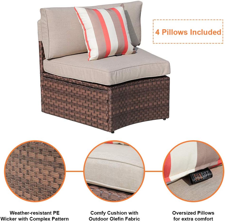 SUNSITT 5-Piece Half Moon Outdoor Sectional Sofa Set with Cover, Patio Brown PE Wicker Furniture with Beige Cushions & Tempered Glass Coffee Table