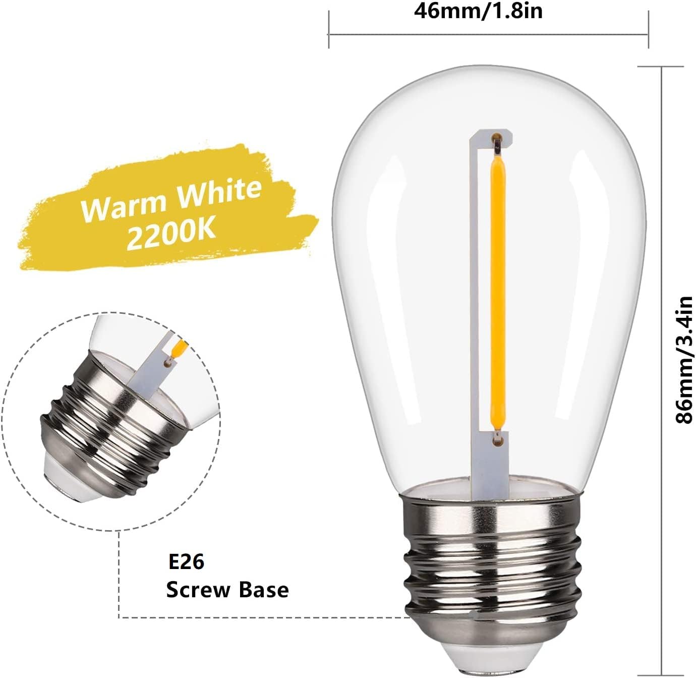 25 Pack S14 LED String Light Bulbs, 1W Shatterproof & Waterproof Outdoor Indoor Replacement Bulbs, E26 Base Edison LED Light Bulbs Warm White 2200K. (S14 25Pack)