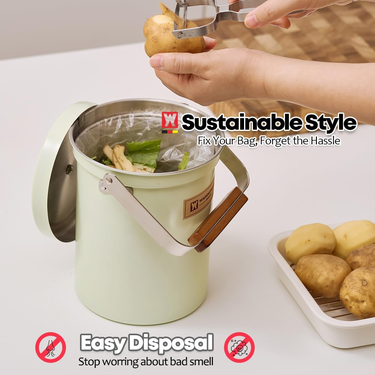 Kitchen Countertop Compost Bin 101Ounces / 3Liter with Airtight Lid, SUS304 Stainless Steel Odor-Free Food Waste Bin with Wooden Handle Stylish Design/Bathroon Trash Can (Mint Green)