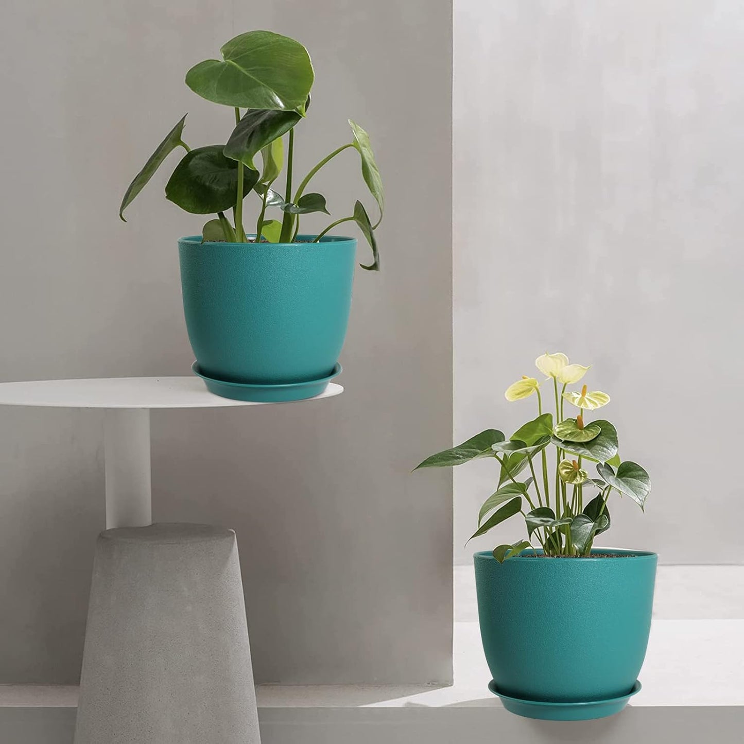 Modern Plant Pots Set, 9/8/7.5 inch Plastic Planters for Indoor Plants, Stylish Flower Pots with Drainage Holes and Saucers for House Plants and Flowers, Blue