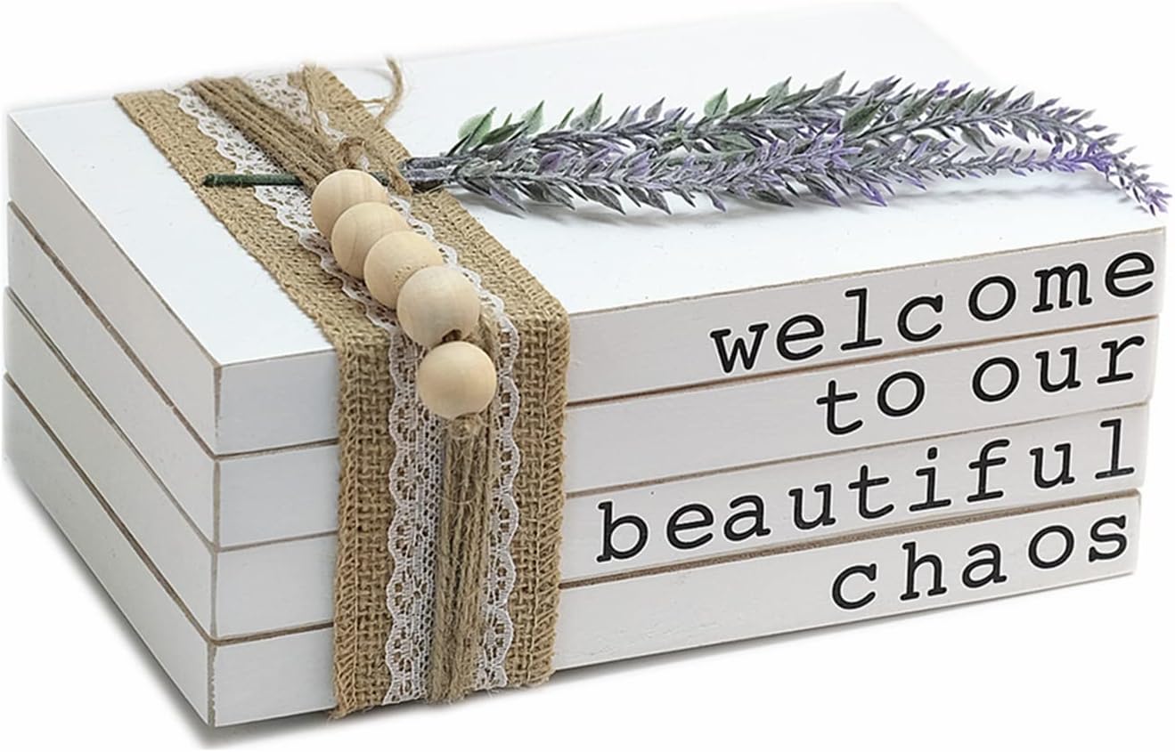 Lavender Inspired Welcome to Our Beautiful Chaos - Rustic Farmhouse Stacked Books - Set of 4 Wooden Book Bundle - Farmhouse Home Decor - Housewarming Gift