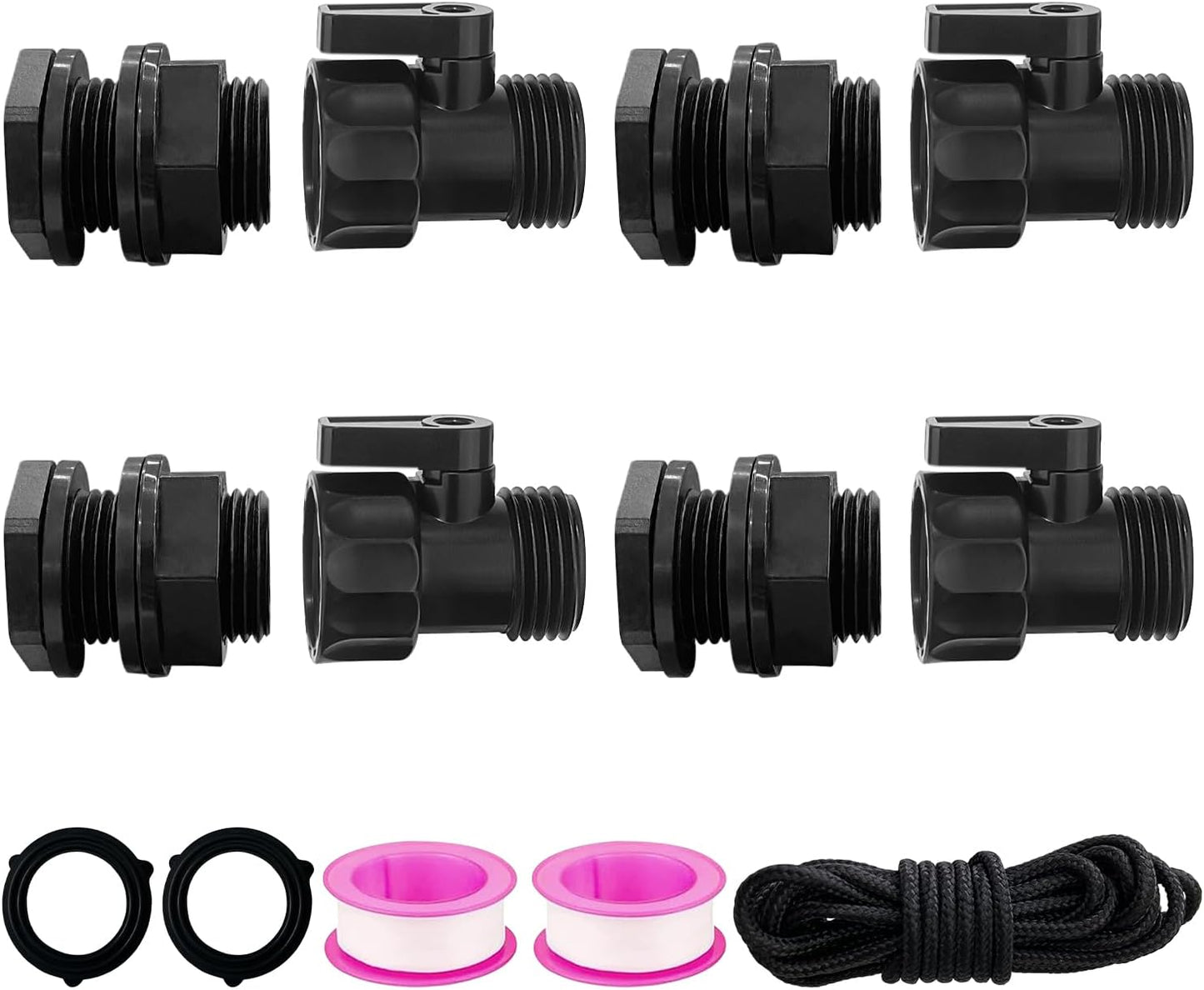 4 Pack Rain Barrel Spigot kit 3/4'' Plastic Garden Hose Shut Off Valve Kit With 3/4 GHT Bulkhead Fitting for Rain Barrels Aquariums Water Tanks Tubs Pools Spigot