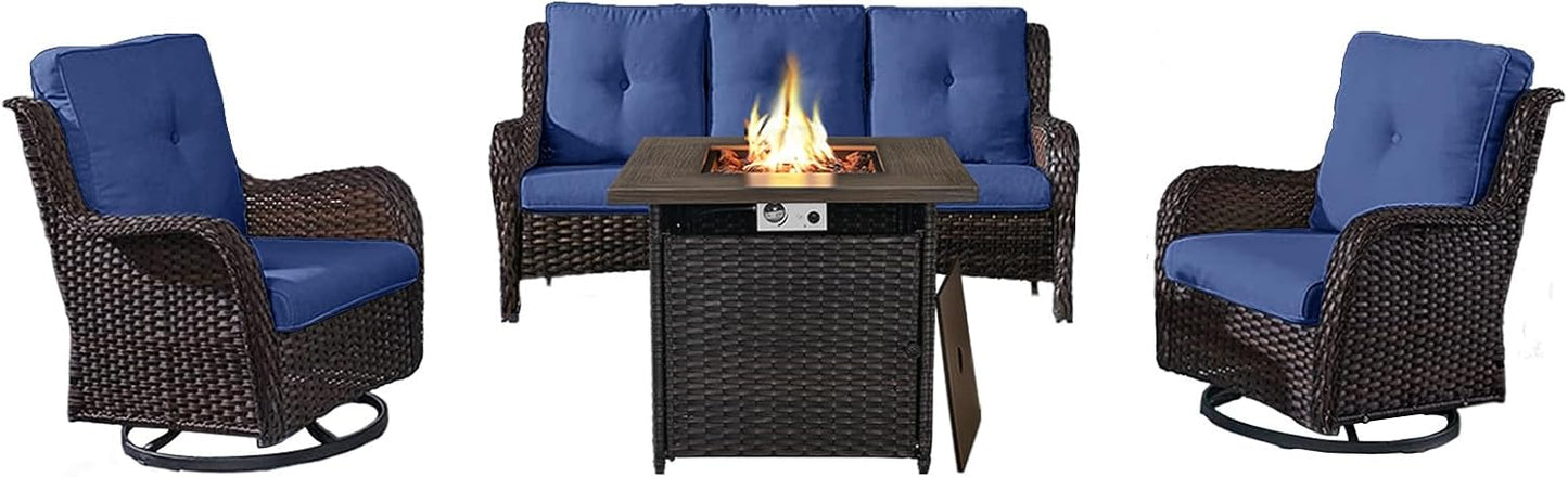 Outdoor Patio Furniture Set with 50000BTU Propane Fire Pit Table, 4 Pieces Wicker Patio Conversation Set with 2 Swivel Rocker Glider Chairs Rattan Sofa Blue Cushion Perfect for Gathering