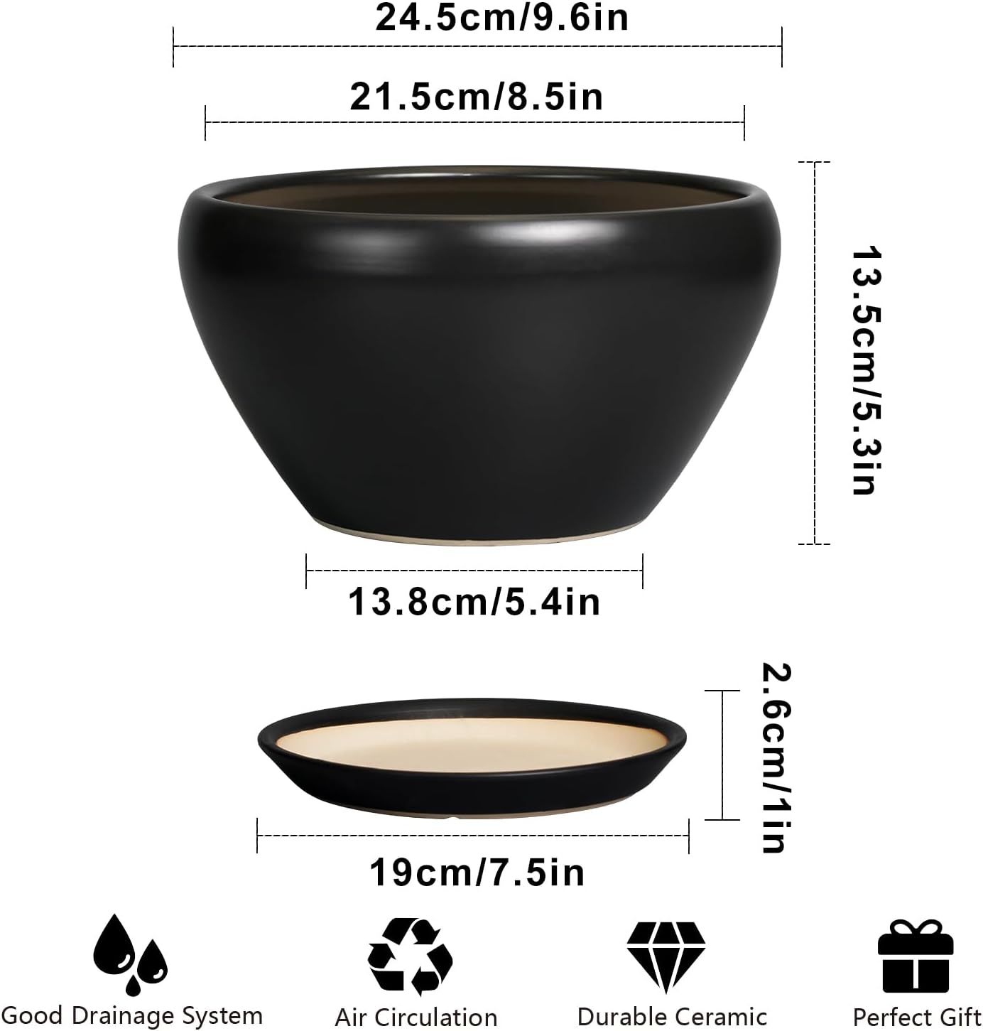 Plant Pot Large 9 Inch - Ceramic Pots for Plants with Drainage Hole and Saucer Round Planter for Indoor Plants Decorative Outdoor Flower Pot Large for House Balcony Black
