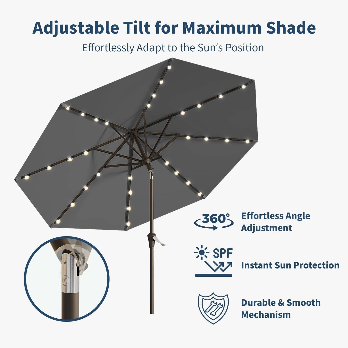 9FT Solar Umbrella 32 LED Lighted Patio Umbrella Table Market Umbrella w/Tilt and Crank, UV-Resistant Outdoor Umbrella for Pool, Garden, Deck, Gray